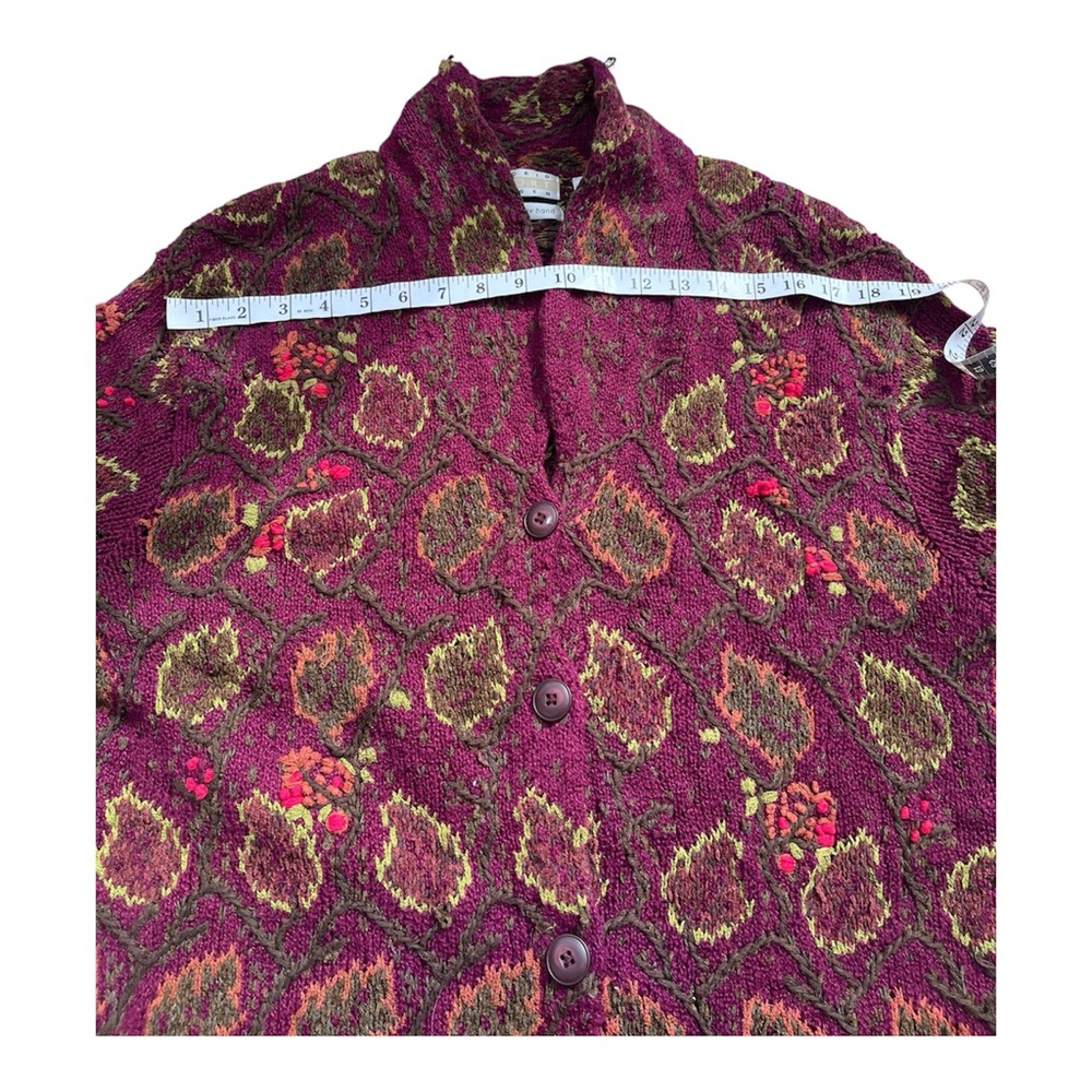 VTG 1997 Hand knit Burgundy Autumn Leaf Long Cardigan Sigrid Olsen sz XL - Picture 8 of 10